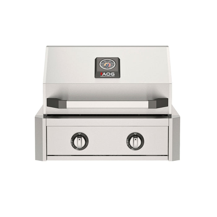 American Outdoor Grill 24" T-Series Built-in Gas Grill — stainless steel grill head with diamond sear cooking grids and backlit comfort-touch control knobs.
