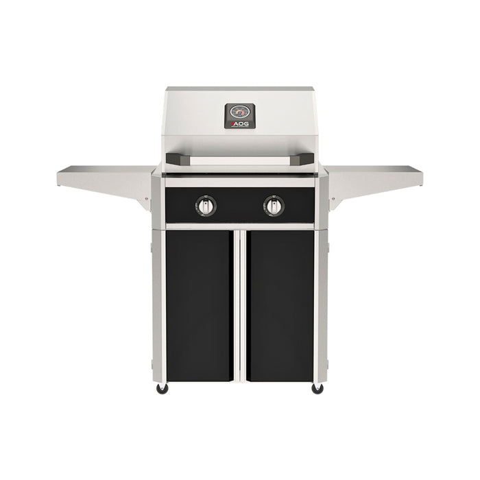 American Outdoor Grill 24" T-Series Portable Gas Grill with black accent panel and black accent panel cart base, large analog thermometer and push-button electronic ignition with backlit comfort-touch control knobs.

