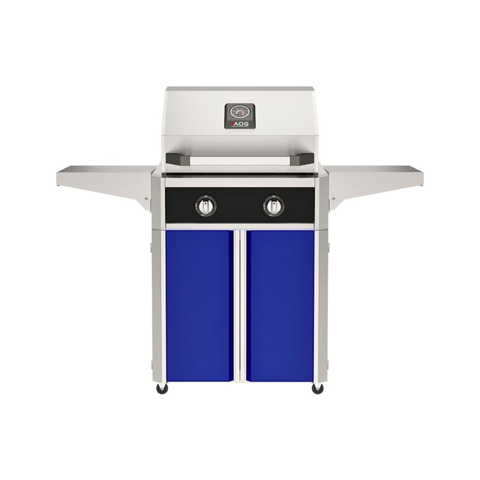 American Outdoor Grill 24" T-Series Portable Gas Grill with black accent panel and blue accent panel cart base, large analog thermometer and push-button electronic ignition with backlit comfort-touch control knobs.
