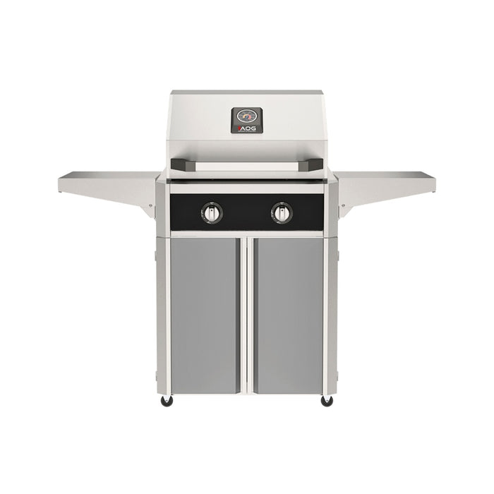 American Outdoor Grill 24" T-Series Portable Gas Grill with black accent panel and gray accent panel cart base, large analog thermometer and push-button electronic ignition with backlit comfort-touch control knobs.
