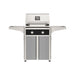 American Outdoor Grill 24" T-Series Portable Gas Grill with black accent panel and gray accent panel cart base, large analog thermometer and push-button electronic ignition with backlit comfort-touch control knobs.
