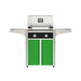 American Outdoor Grill 24" T-Series Portable Gas Grill with black accent panel and green accent panel cart base, large analog thermometer and push-button electronic ignition with backlit comfort-touch control knobs.
