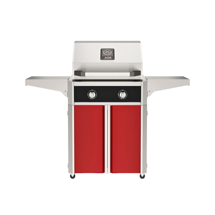 American Outdoor Grill 24" T-Series Portable Gas Grill with black accent panel and red accent panel cart base, large analog thermometer and push-button electronic ignition with backlit comfort-touch control knobs.
