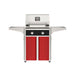 American Outdoor Grill 24" T-Series Portable Gas Grill with black accent panel and red accent panel cart base, large analog thermometer and push-button electronic ignition with backlit comfort-touch control knobs.
