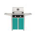 American Outdoor Grill 24" T-Series Portable Gas Grill with black accent panel and teal accent panel cart base, large analog thermometer and push-button electronic ignition with backlit comfort-touch control knobs.
