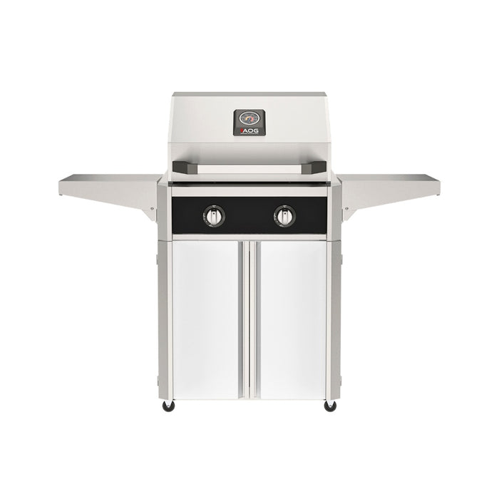 American Outdoor Grill 24" T-Series Portable Gas Grill with black accent panel and white accent panel cart base, large analog thermometer and push-button electronic ignition with backlit comfort-touch control knobs.
