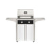 American Outdoor Grill 24" T-Series Portable Gas Grill with black accent panel and white accent panel cart base, large analog thermometer and push-button electronic ignition with backlit comfort-touch control knobs.

