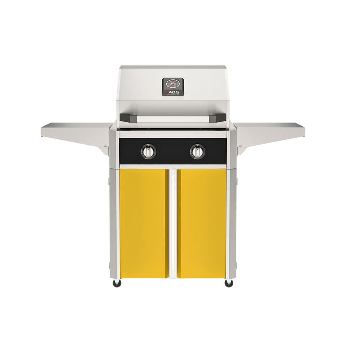American Outdoor Grill 24" T-Series Portable Gas Grill with black accent panel and yellow accent panel cart base, large analog thermometer and push-button electronic ignition with backlit comfort-touch control knobs.
