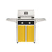 American Outdoor Grill 24" T-Series Portable Gas Grill with black accent panel and yellow accent panel cart base, large analog thermometer and push-button electronic ignition with backlit comfort-touch control knobs.
