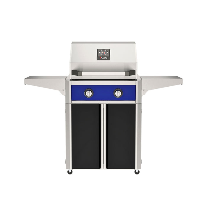 American Outdoor Grill 24" T-Series Portable Gas Grill with blue accent panel and black accent panel cart base, large analog thermometer and push-button electronic ignition with backlit comfort-touch control knobs.

