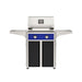 American Outdoor Grill 24" T-Series Portable Gas Grill with blue accent panel and black accent panel cart base, large analog thermometer and push-button electronic ignition with backlit comfort-touch control knobs.
