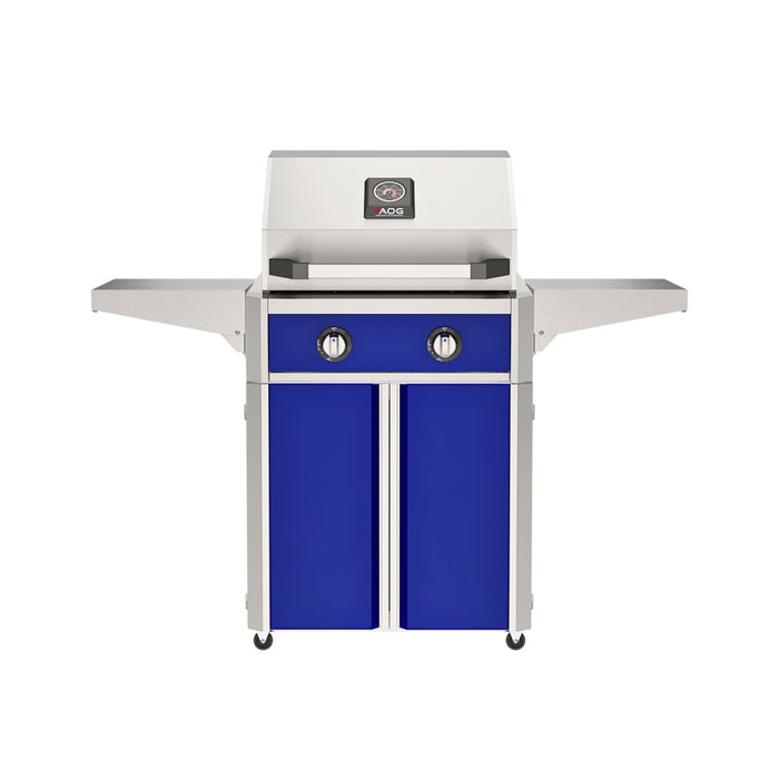 American Outdoor Grill 24" T-Series Portable Gas Grill with blue accent panel and blue accent panel cart base, large analog thermometer and push-button electronic ignition with backlit comfort-touch control knobs.
