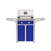 American Outdoor Grill 24" T-Series Portable Gas Grill with blue accent panel and blue accent panel cart base, large analog thermometer and push-button electronic ignition with backlit comfort-touch control knobs.
