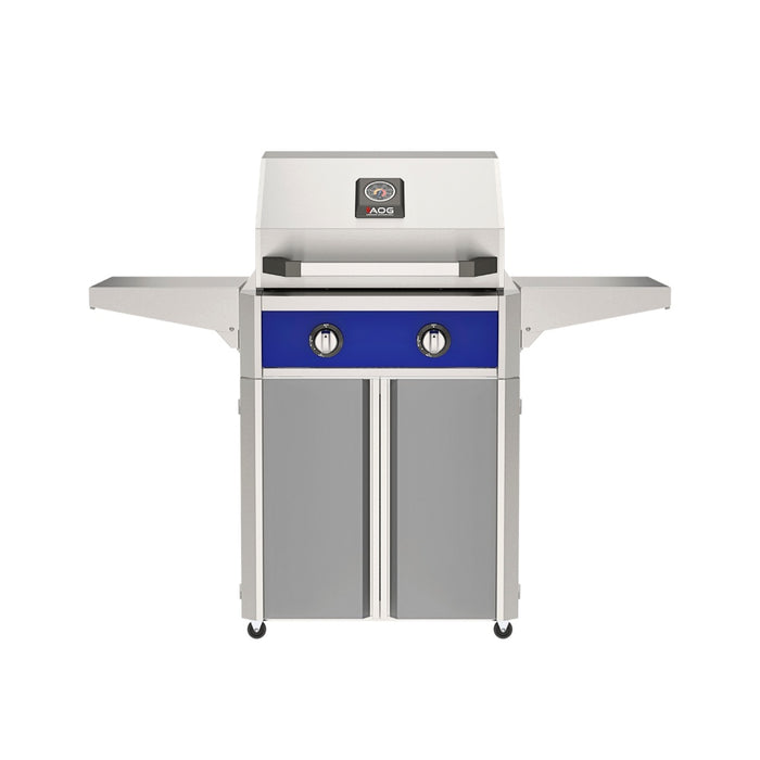 American Outdoor Grill 24" T-Series Portable Gas Grill with blue accent panel and gray accent panel cart base, large analog thermometer and push-button electronic ignition with backlit comfort-touch control knobs.
