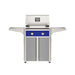 American Outdoor Grill 24" T-Series Portable Gas Grill with blue accent panel and gray accent panel cart base, large analog thermometer and push-button electronic ignition with backlit comfort-touch control knobs.
