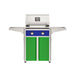 American Outdoor Grill 24" T-Series Portable Gas Grill with blue accent panel and green accent panel cart base, large analog thermometer and push-button electronic ignition with backlit comfort-touch control knobs.
