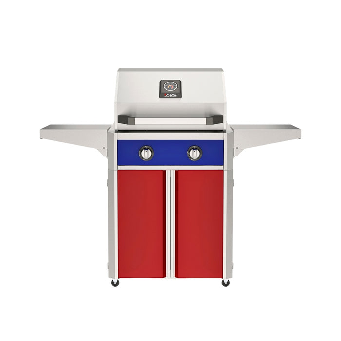 American Outdoor Grill 24" T-Series Portable Gas Grill with blue accent panel and red accent panel cart base, large analog thermometer and push-button electronic ignition with backlit comfort-touch control knobs.
