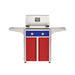 American Outdoor Grill 24" T-Series Portable Gas Grill with blue accent panel and red accent panel cart base, large analog thermometer and push-button electronic ignition with backlit comfort-touch control knobs.
