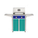 American Outdoor Grill 24" T-Series Portable Gas Grill with blue accent panel and teal accent panel cart base, large analog thermometer and push-button electronic ignition with backlit comfort-touch control knobs.
