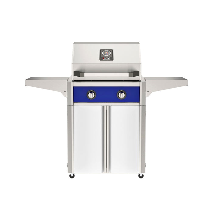 American Outdoor Grill 24" T-Series Portable Gas Grill with blue accent panel and white accent panel cart base, large analog thermometer and push-button electronic ignition with backlit comfort-touch control knobs.
