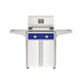 American Outdoor Grill 24" T-Series Portable Gas Grill with blue accent panel and white accent panel cart base, large analog thermometer and push-button electronic ignition with backlit comfort-touch control knobs.
