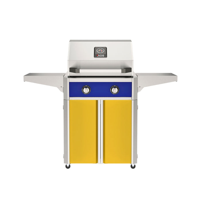 American Outdoor Grill 24" T-Series Portable Gas Grill with blue accent panel and yellow accent panel cart base, large analog thermometer and push-button electronic ignition with backlit comfort-touch control knobs.
