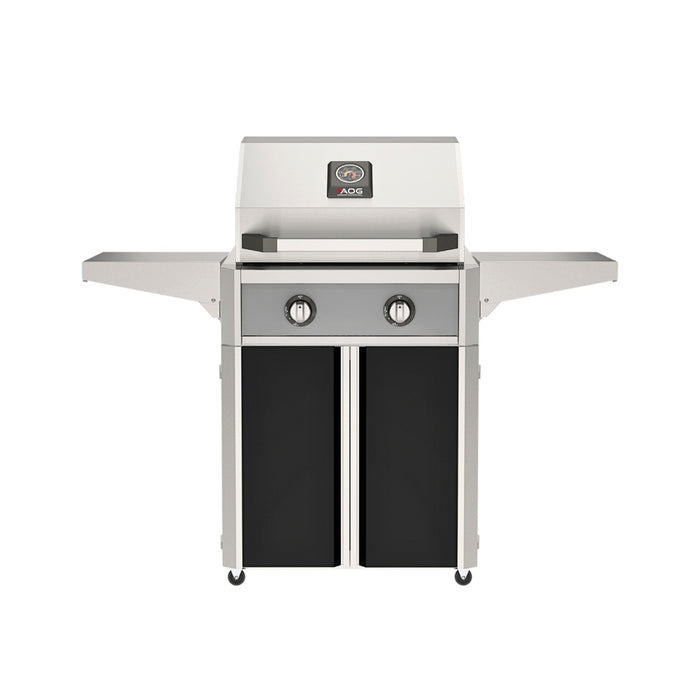 American Outdoor Grill 24" T-Series Portable Gas Grill with gray accent panel and black accent panel cart base, large analog thermometer and push-button electronic ignition with backlit comfort-touch control knobs.
