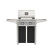 American Outdoor Grill 24" T-Series Portable Gas Grill with gray accent panel and black accent panel cart base, large analog thermometer and push-button electronic ignition with backlit comfort-touch control knobs.
