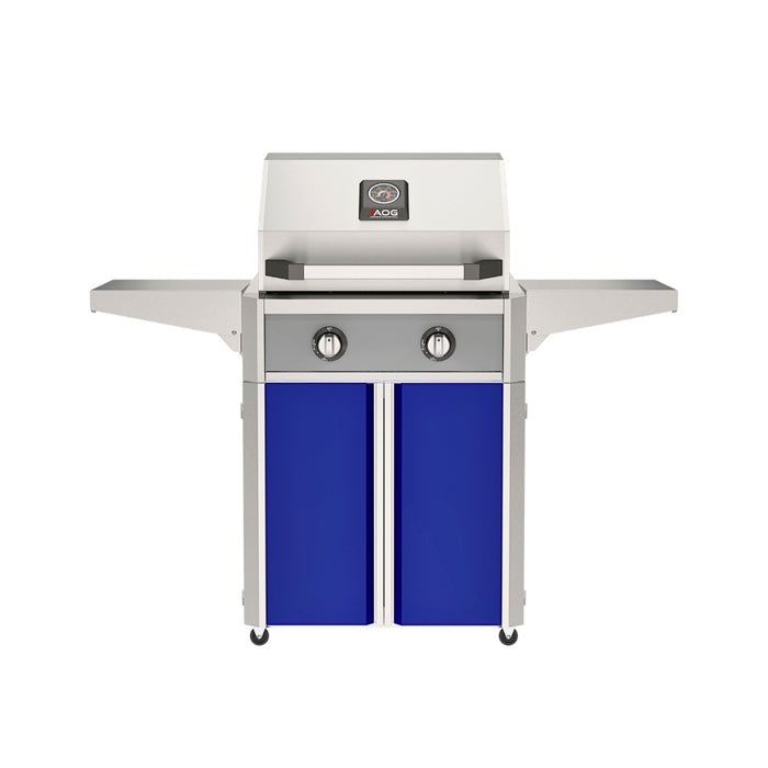 American Outdoor Grill 24" T-Series Portable Gas Grill with gray accent panel and blue accent panel cart base, large analog thermometer and push-button electronic ignition with backlit comfort-touch control knobs.
