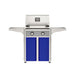 American Outdoor Grill 24" T-Series Portable Gas Grill with gray accent panel and blue accent panel cart base, large analog thermometer and push-button electronic ignition with backlit comfort-touch control knobs.
