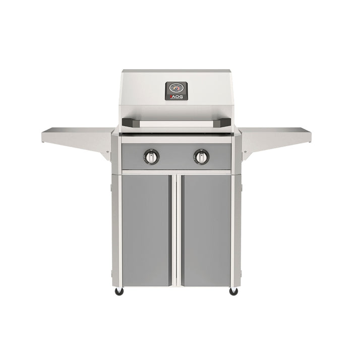 American Outdoor Grill 24" T-Series Portable Gas Grill with gray accent panel and gray accent panel cart base, large analog thermometer and push-button electronic ignition with backlit comfort-touch control knobs.
