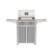 American Outdoor Grill 24" T-Series Portable Gas Grill with gray accent panel and gray accent panel cart base, large analog thermometer and push-button electronic ignition with backlit comfort-touch control knobs.
