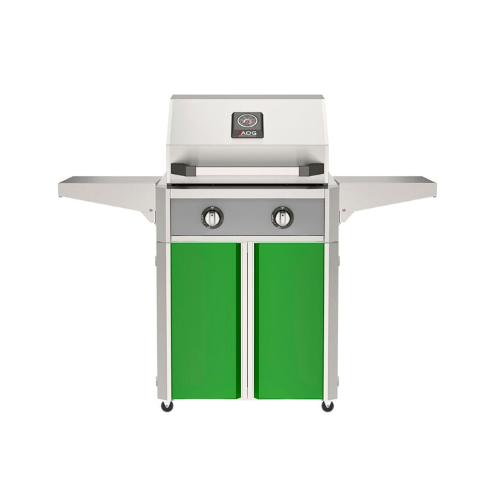 American Outdoor Grill 24" T-Series Portable Gas Grill with gray accent panel and green accent panel cart base, large analog thermometer and push-button electronic ignition with backlit comfort-touch control knobs.
