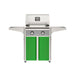 American Outdoor Grill 24" T-Series Portable Gas Grill with gray accent panel and green accent panel cart base, large analog thermometer and push-button electronic ignition with backlit comfort-touch control knobs.
