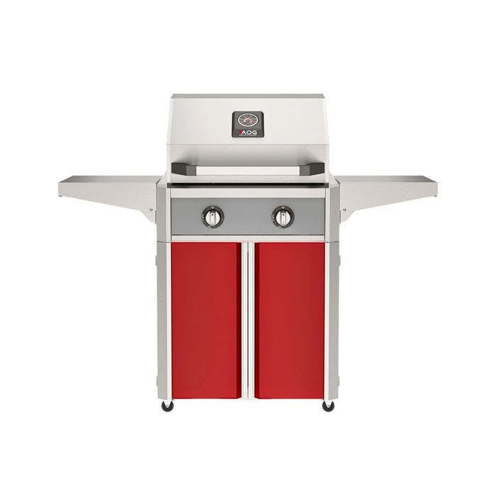 American Outdoor Grill 24" T-Series Portable Gas Grill with gray accent panel and red accent panel cart base, large analog thermometer and push-button electronic ignition with backlit comfort-touch control knobs.
