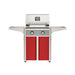 American Outdoor Grill 24" T-Series Portable Gas Grill with gray accent panel and red accent panel cart base, large analog thermometer and push-button electronic ignition with backlit comfort-touch control knobs.
