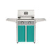 American Outdoor Grill 24" T-Series Portable Gas Grill with gray accent panel and teal accent panel cart base, large analog thermometer and push-button electronic ignition with backlit comfort-touch control knobs.
