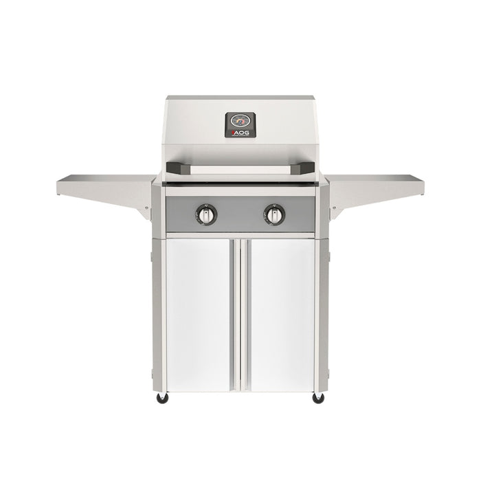 American Outdoor Grill 24" T-Series Portable Gas Grill with gray accent panel and white accent panel cart base, large analog thermometer and push-button electronic ignition with backlit comfort-touch control knobs.
