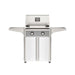 American Outdoor Grill 24" T-Series Portable Gas Grill with gray accent panel and white accent panel cart base, large analog thermometer and push-button electronic ignition with backlit comfort-touch control knobs.
