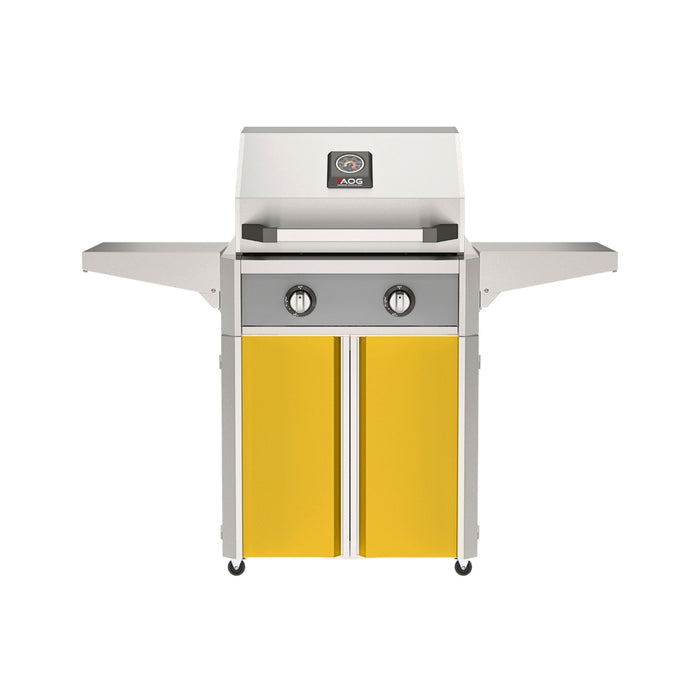 American Outdoor Grill 24" T-Series Portable Gas Grill with gray accent panel and yellow accent panel cart base, large analog thermometer and push-button electronic ignition with backlit comfort-touch control knobs.
