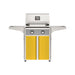 American Outdoor Grill 24" T-Series Portable Gas Grill with gray accent panel and yellow accent panel cart base, large analog thermometer and push-button electronic ignition with backlit comfort-touch control knobs.
