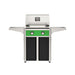 American Outdoor Grill 24" T-Series Portable Gas Grill with green accent panel and black accent panel cart base, large analog thermometer and push-button electronic ignition with backlit comfort-touch control knobs.
