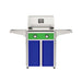 American Outdoor Grill 24" T-Series Portable Gas Grill with green accent panel and blue accent panel cart base, large analog thermometer and push-button electronic ignition with backlit comfort-touch control knobs.
