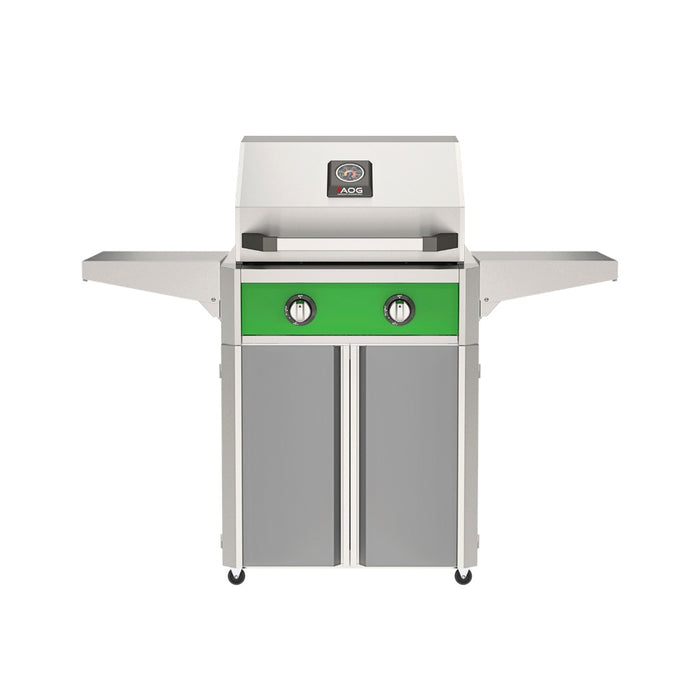 American Outdoor Grill 24" T-Series Portable Gas Grill with green accent panel and gray accent panel cart base, large analog thermometer and push-button electronic ignition with backlit comfort-touch control knobs.

