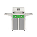 American Outdoor Grill 24" T-Series Portable Gas Grill with green accent panel and gray accent panel cart base, large analog thermometer and push-button electronic ignition with backlit comfort-touch control knobs.
