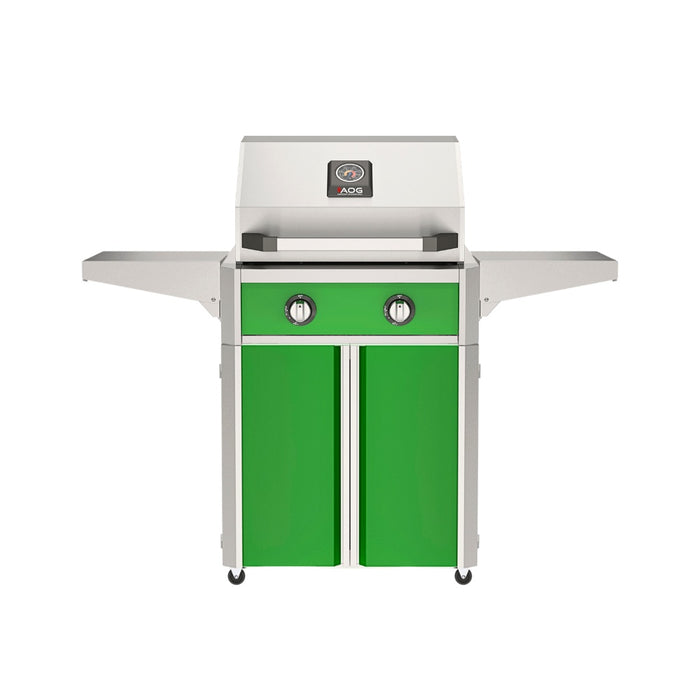 American Outdoor Grill 24" T-Series Portable Gas Grill with green accent panel and green accent panel cart base, large analog thermometer and push-button electronic ignition with backlit comfort-touch control knobs.
