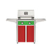 American Outdoor Grill 24" T-Series Portable Gas Grill with green accent panel and red accent panel cart base, large analog thermometer and push-button electronic ignition with backlit comfort-touch control knobs.
