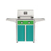American Outdoor Grill 24" T-Series Portable Gas Grill with green accent panel and teal accent panel cart base, large analog thermometer and push-button electronic ignition with backlit comfort-touch control knobs.
