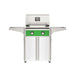 American Outdoor Grill 24" T-Series Portable Gas Grill with green accent panel and white accent panel cart base, large analog thermometer and push-button electronic ignition with backlit comfort-touch control knobs.
