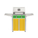 American Outdoor Grill 24" T-Series Portable Gas Grill with green accent panel and yellow accent panel cart base, large analog thermometer and push-button electronic ignition with backlit comfort-touch control knobs.
